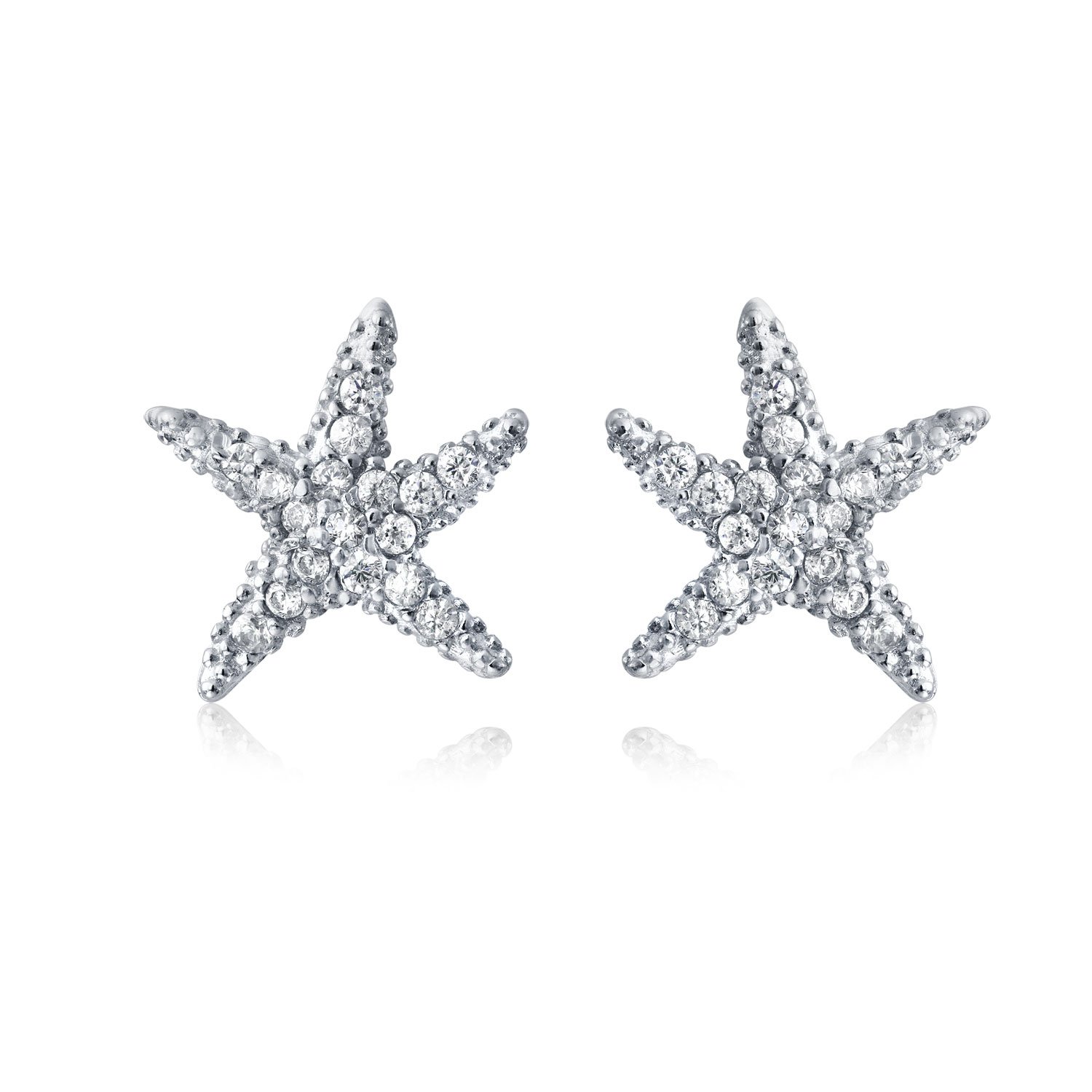 Nautical Ocean Tropical Beach Cubic Zirconia Pave CZ Starfish Stud Earrings For Women .925 Sterling Silver