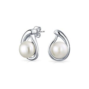 elegant bridal white freshwater button cultured pearl teardrop pear shaped stud earrings - .925 sterling silver for women wedding