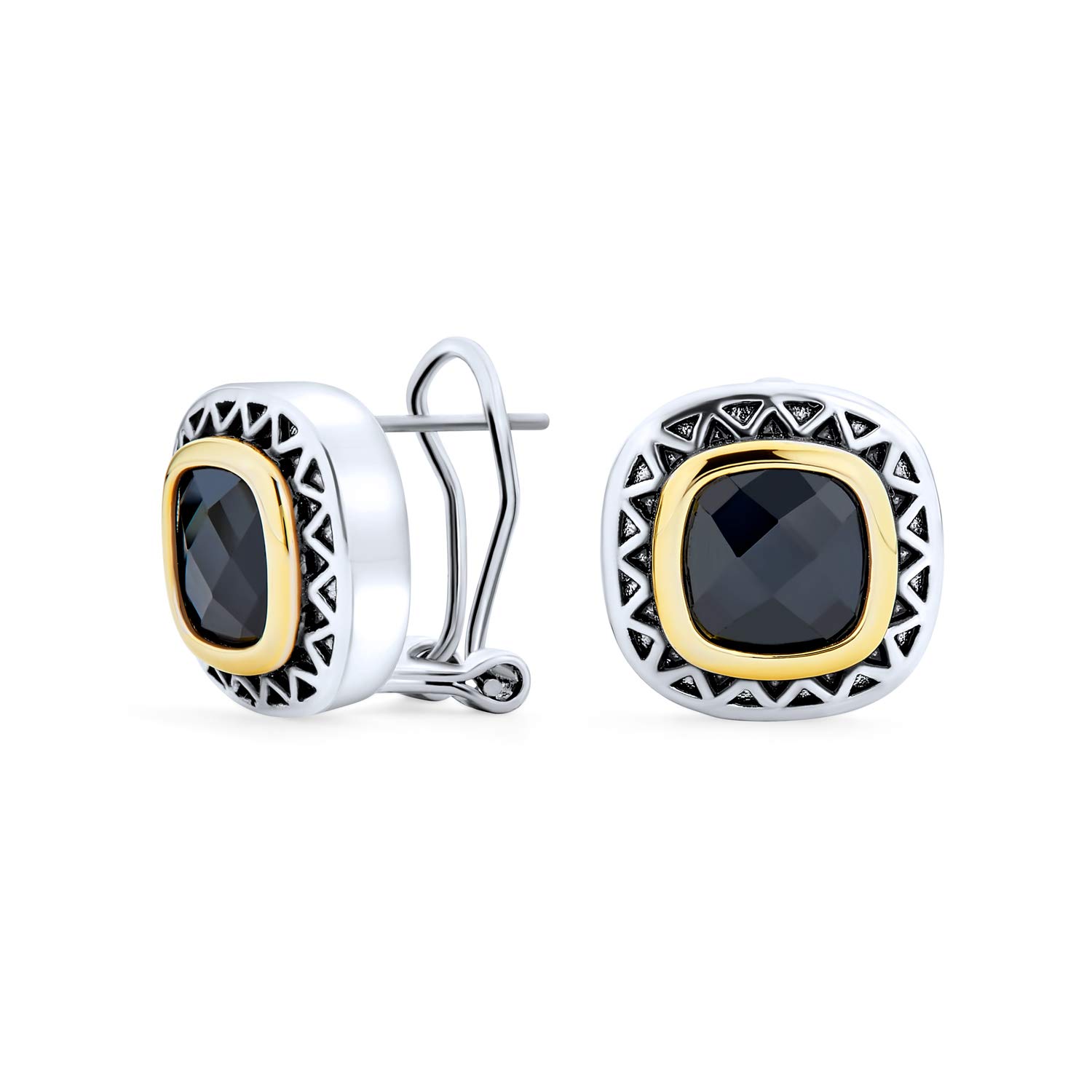 Black Onyx Cubic Zirconia Two Tone Square Cushion Omega Earrings For Women Silver Gold Plated Brass