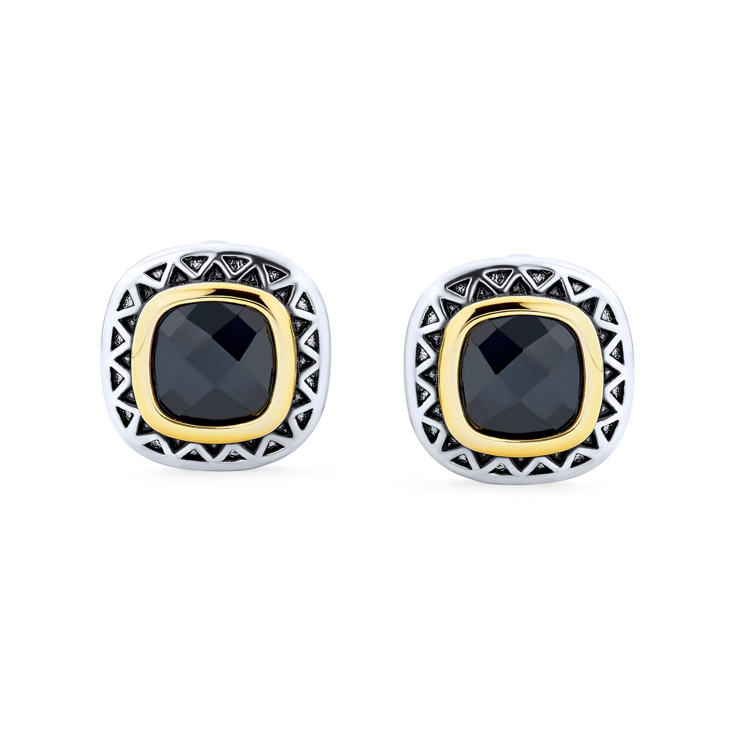 Black Onyx Cubic Zirconia Two Tone Square Cushion Omega Earrings For Women Silver Gold Plated Brass