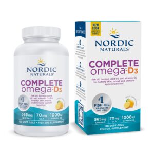 nordic naturals complete omega-d3, lemon flavor - 120 soft gels - 565 mg omega-3 + 70 mg gla + 1000 iu vitamin d3 - epa & dha - healthy skin & joints, cognition, positive mood - non-gmo - 60 servings