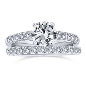 1CT Brilliant Cubic Zirconia Round Princess Cut Solitaire Cathedral Setting Thin Eternity Pave Band AAA CZ Anniversary Engagement Wedding Ring Set .925 Sterling Silver Size 7