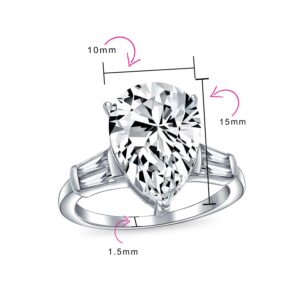 Bridal Wedding 7CT AAA CZ Pear Shaped Brilliant Cut Solitaire Teardrop Statement Engagement Ring For Women Thin Band .925 Sterling Silver Cubic Zirconia Baguette Side Stones