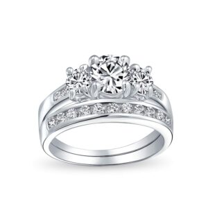 Bling Jewelry Classic Traditional 3CT Round Solitaire 3 Stone Past Present Future Solitaire Pave Band AAA CZ Anniversary Wedding Engagement Ring Set Band For Women .925 Sterling Silver