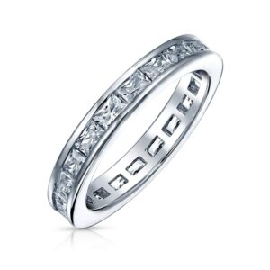 Bling Jewelry Simple Cubic Zirconia Channel Princess Cut CZ Stackable Wedding Band Eternity Ring For Women .925 Sterling Silver 2MM