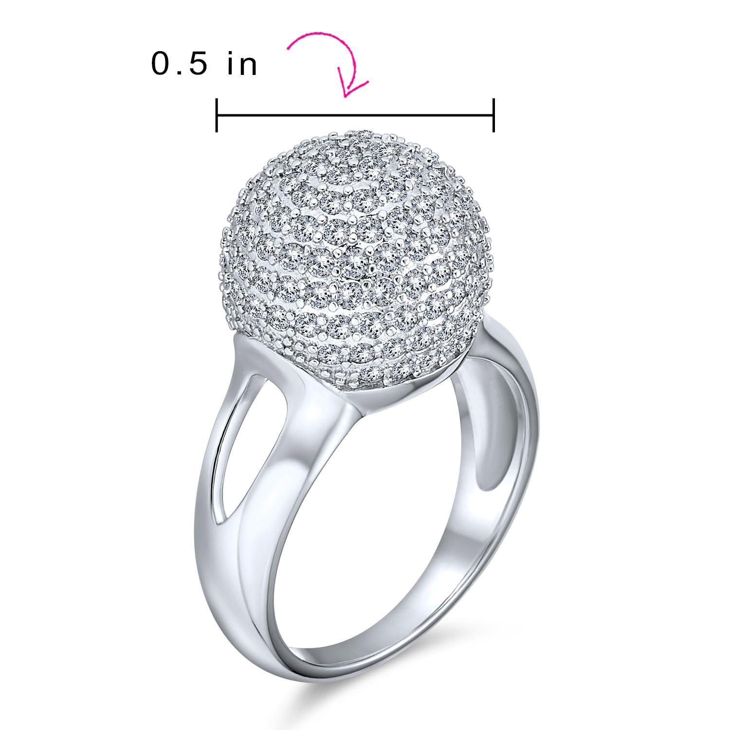 Bling Jewelry Personalize Fancy Cocktail Trendy Fashion Cubic Zirconia Pave CZ Round Disco Ball Statement Engagement Ring For Women With Split Shank Band .925 Sterling Silver