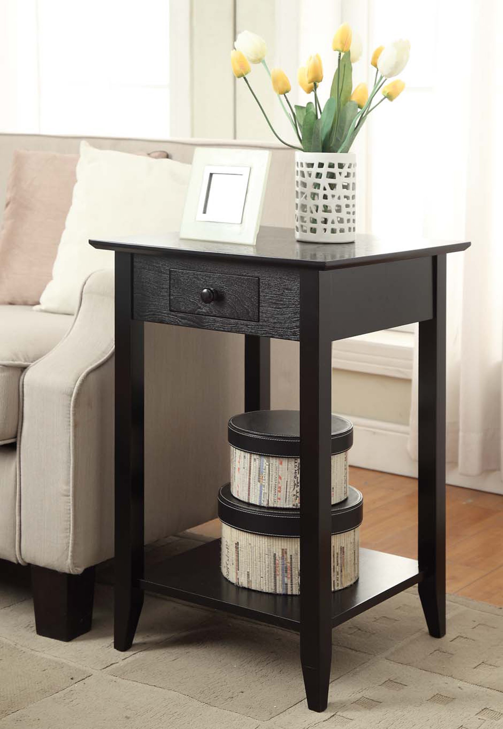 Convenience Concepts American Heritage End Table with Drawer and Shelf, Black