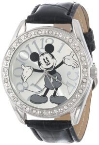 disney unisex mk1015 mickey mouse silver dial black crocodile strap watch