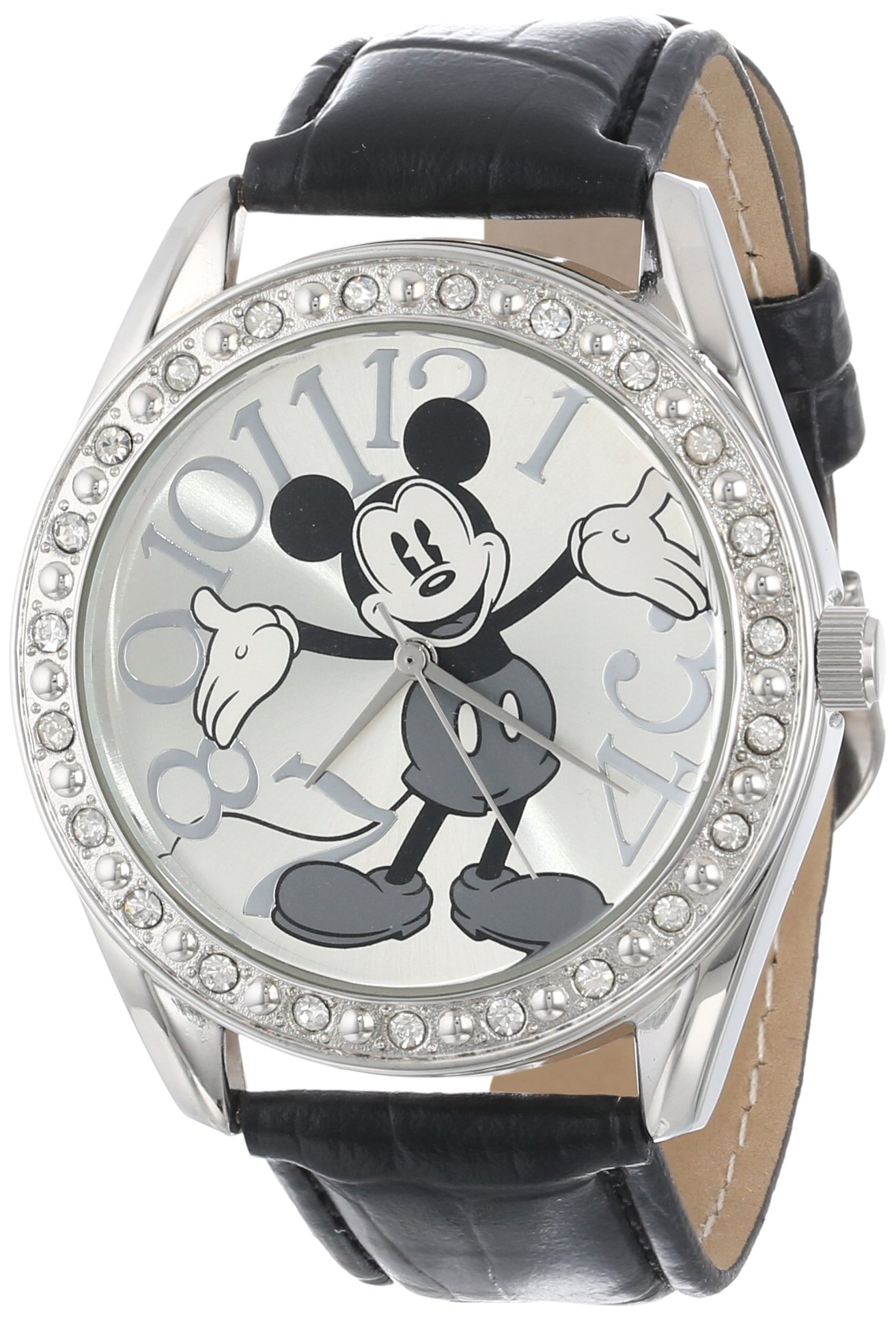 Disney Unisex MK1015 Mickey Mouse Silver Dial Black Crocodile Strap Watch