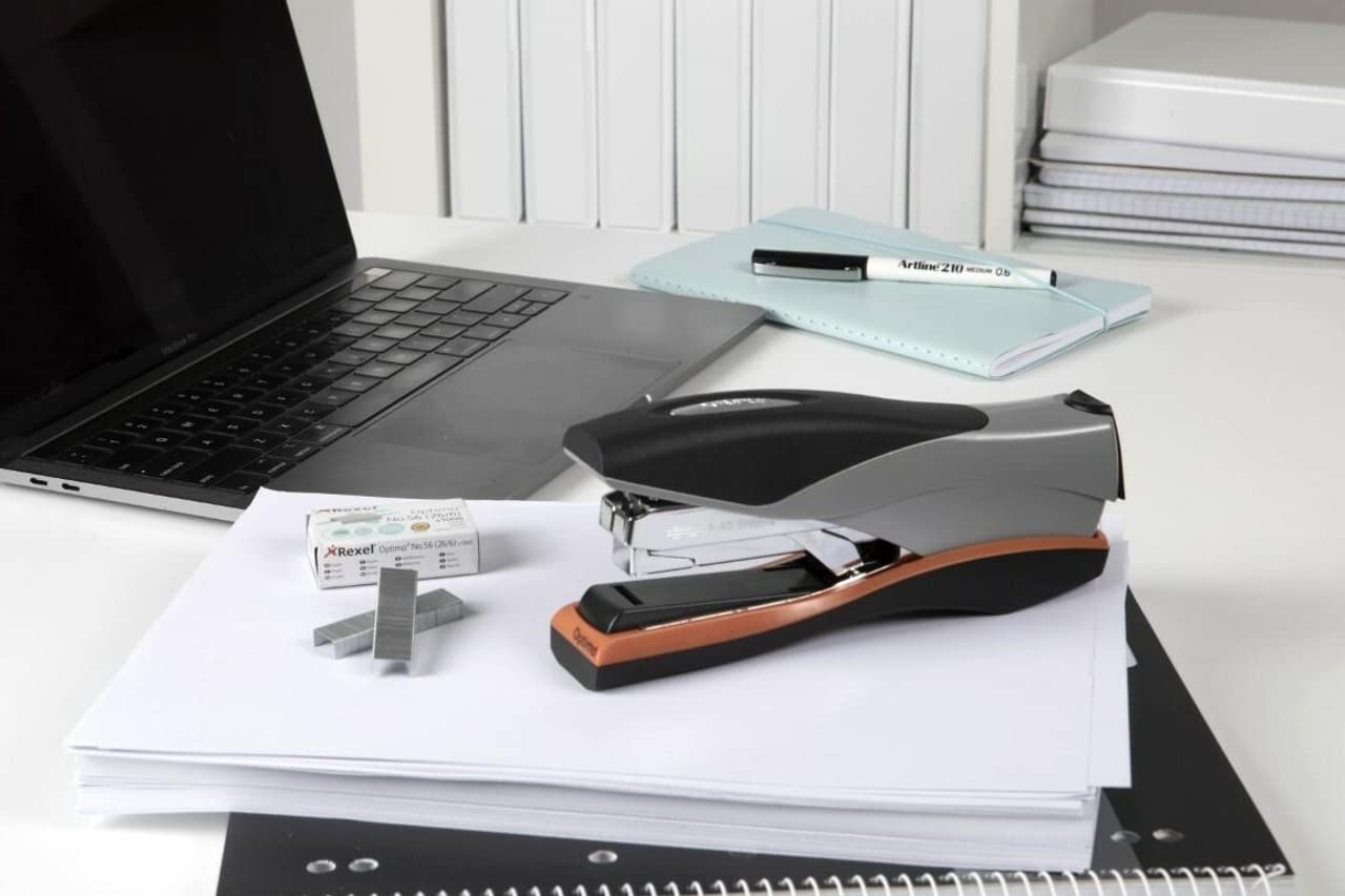 Rexel Optima 40 Low Force Stapler, 40 Sheet Capacity, Flat Clinch Stapling, 26/6 Staples Included, Silver/Black, 2102357