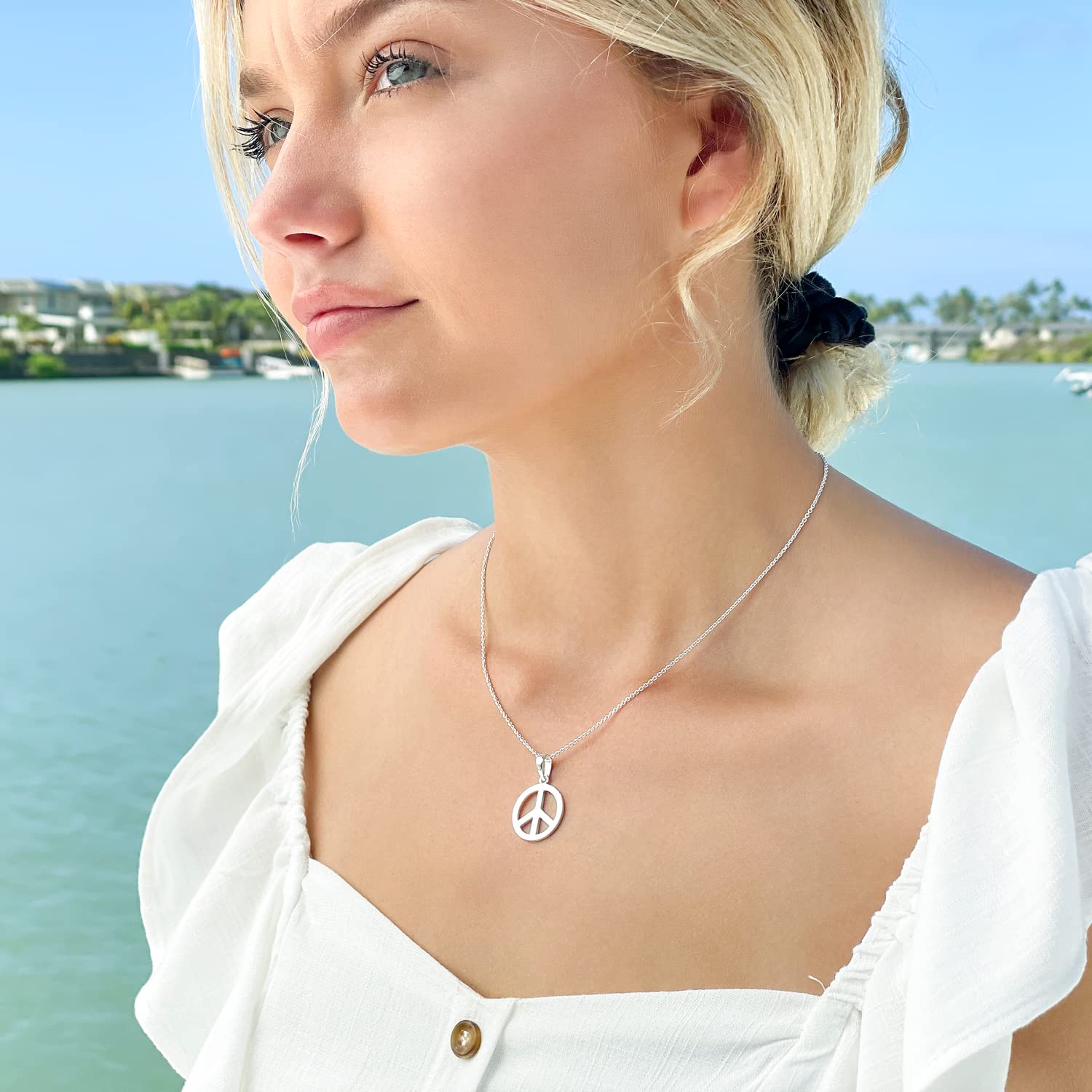 Hawaiian Silver Jewelry Peace Sign Necklace – 18 Inch Pendant Necklace for Women – Premium 925 Sterling Silver Necklace with Peace Symbol – Modern Boho Chic Design