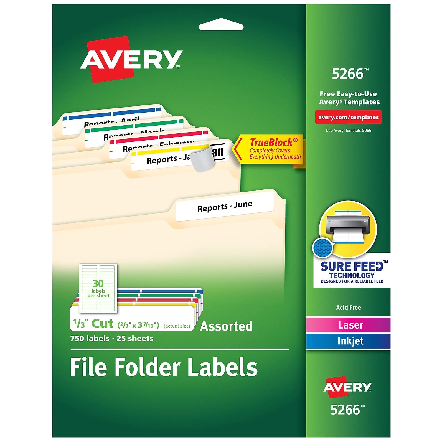 Avery 5266 Permanent Filing Labels, 1/3 Cut, 750/PK, RD/BE/GN/PE/YW