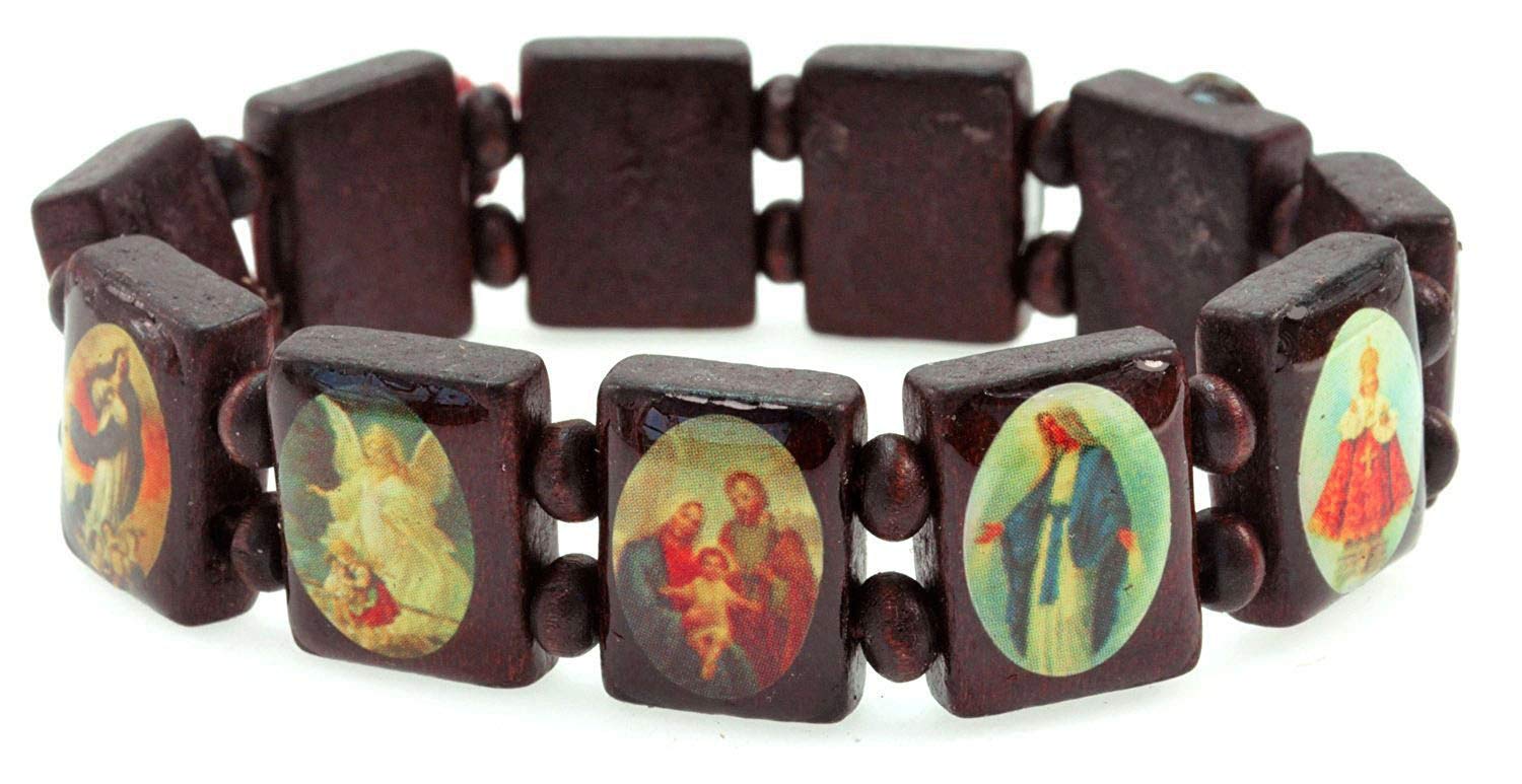 PURPLE WHALE Unisex Wooden Panel Stretchable Bracelet with Assorted Images of Saints, Jesus, Rosary | Adjustable Bracelet | Ideal Catholic Jewelry Gift (Reddish Brown)