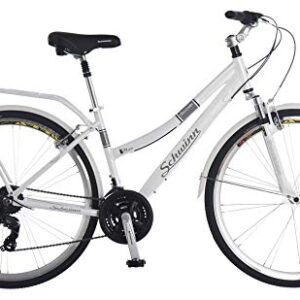 Schwinn Discover Adult Hybrid Bike for Men and Women, 700c Wheels, 21-Speeds, 17-Inch Aluminum Step-Through Frame, Front and Rear Fenders, Rear Cargo Rack, White