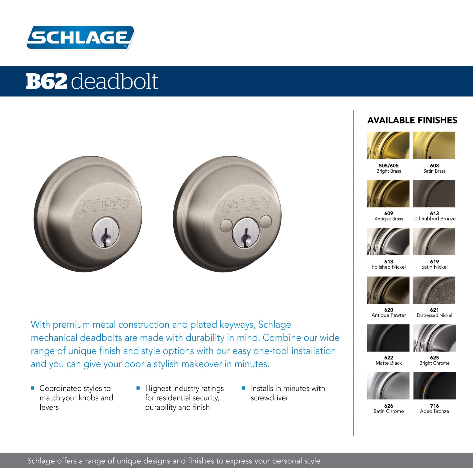 SCHLAGE B62N716 Deadbolt, Keyed 2 Sides, Aged Bronze