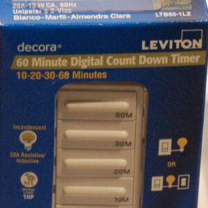 Leviton LTB60-1LZ Decora 1800W Incandescent/20A Resistive-Inductive 1HP Preset 10-20-30-60 Minute Countdown Timer Switch, White/Ivory/Light Almond faceplates included