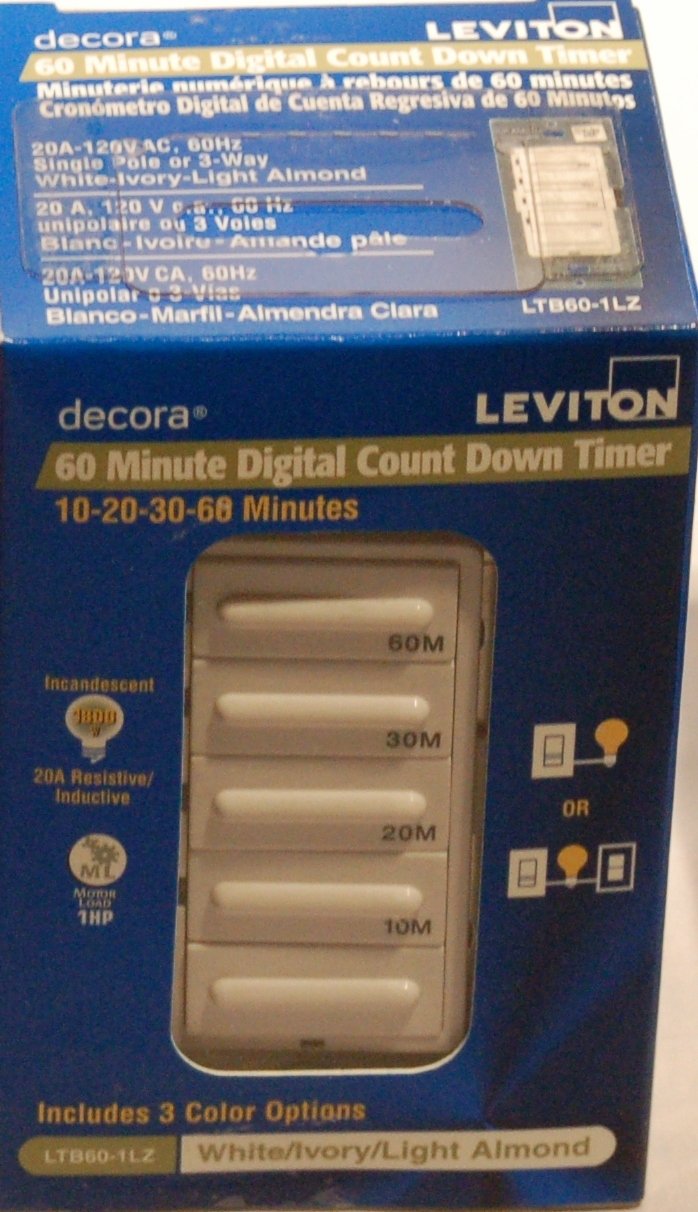 Leviton LTB60-1LZ Decora 1800W Incandescent/20A Resistive-Inductive 1HP Preset 10-20-30-60 Minute Countdown Timer Switch, White/Ivory/Light Almond faceplates included