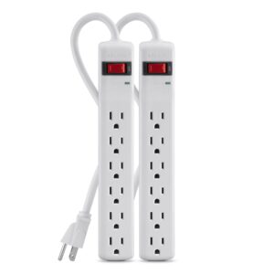 belkin power strip surge protector - 6 ac multiple outlets, 2 ft long heavy duty metal extension cord for home, office, travel, computer desktop & phone charging brick - 200 joules, white (2 pack)