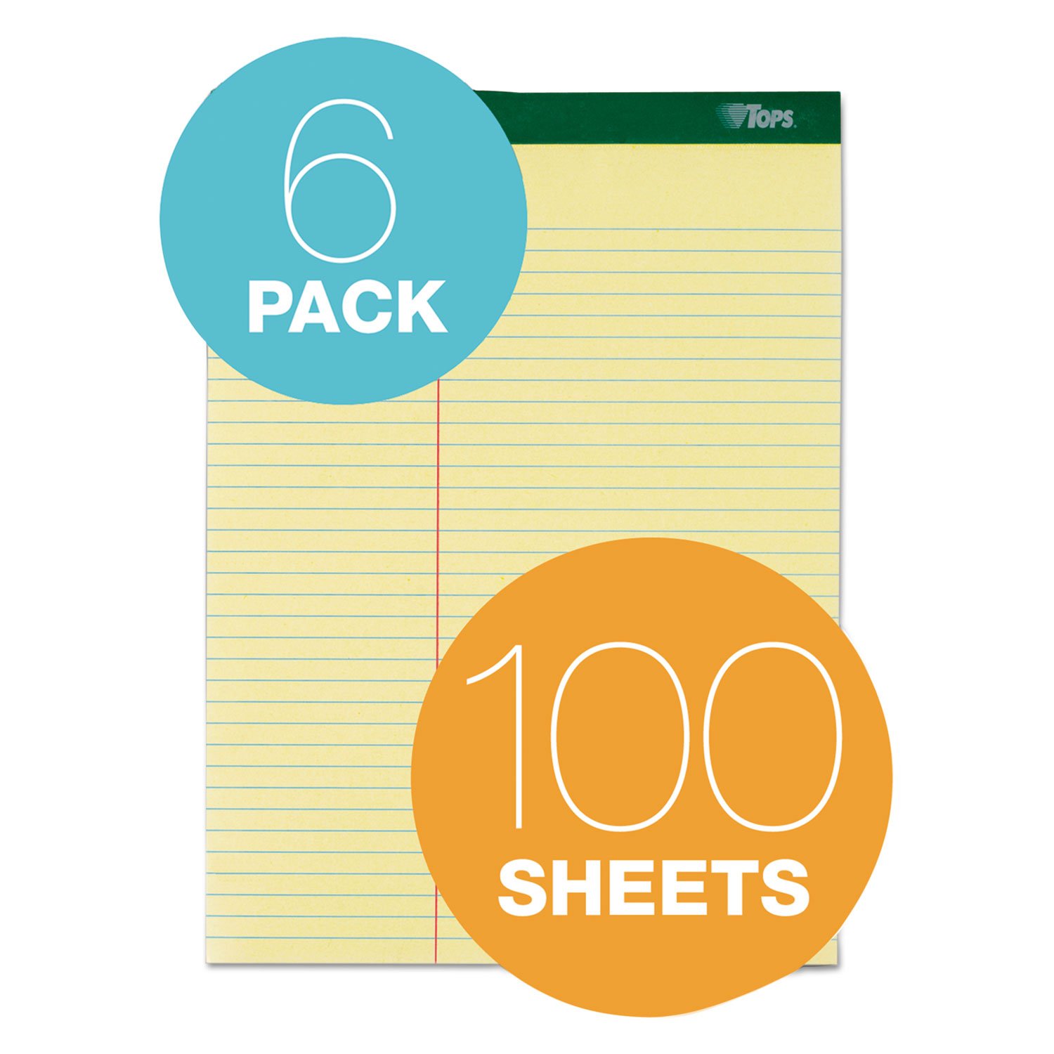 Tops Docket Writing Pads with 100 Sheets, Extra-Strong Back, 8-1/2" x 11-3/4", Perforated, Canary, Law Rule, 100 Sheets, 6 Pack (63396)