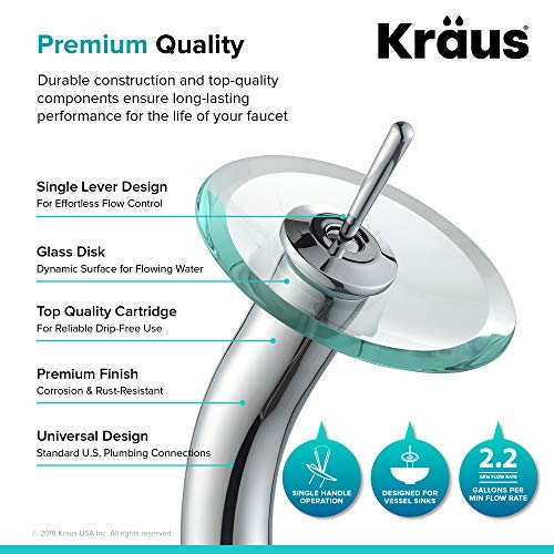 Kraus KGW-1700CH-CL Single Lever Vessel Glass Waterfall Bathroom Faucet Chrome with Clear Glass Disk