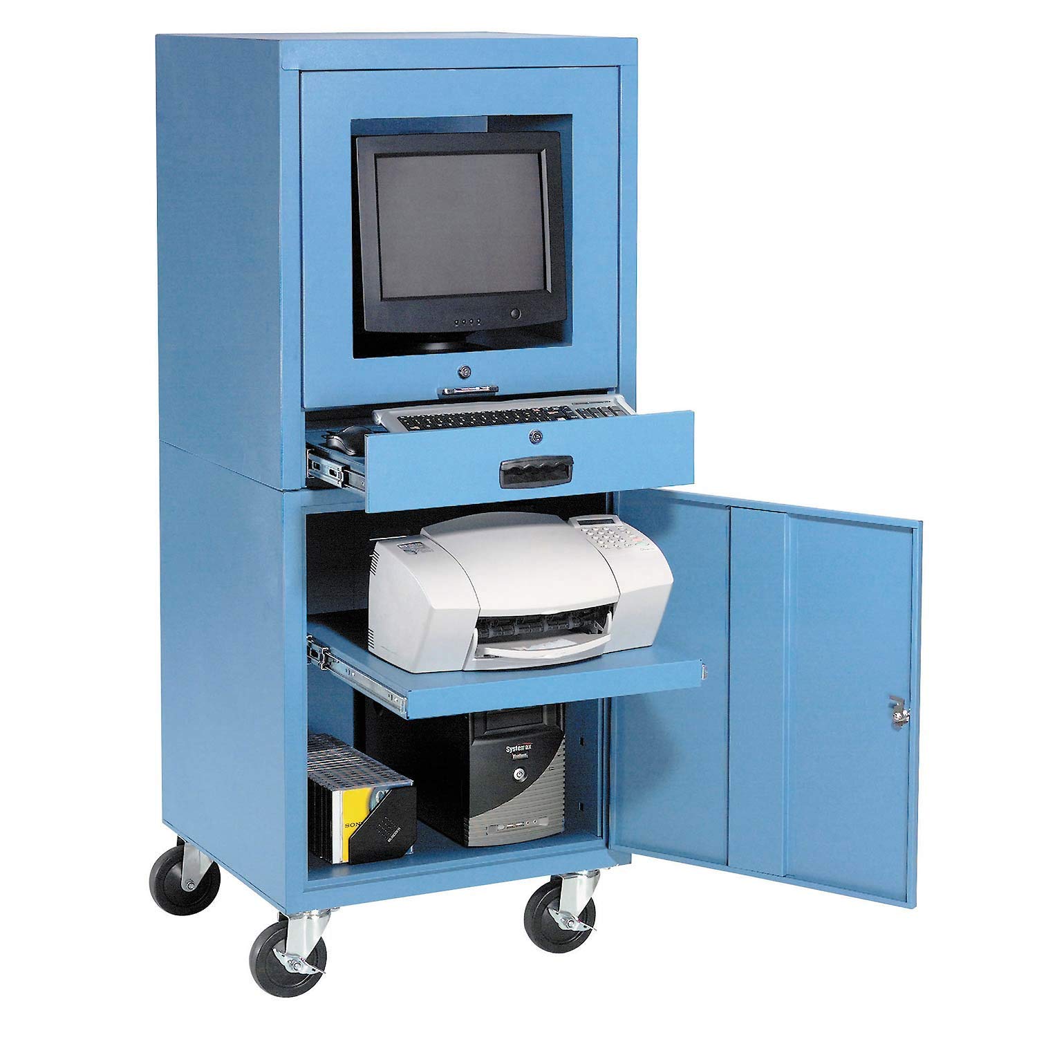 Global Industrial Mobile Security Computer Cabinet, Blue, 24-1/2"W x 22-1/2"D x 60-3/8"H