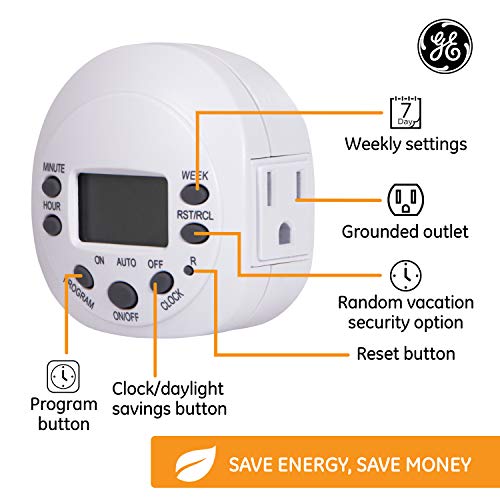 GE 7-Day Programmable Indoor Digital Timer, 1 Grounded Outlet Timer, Weekly / 7 Day Cycle Timer Plug, Timer For Electrical Outlets, 125 VAC Light Timer, Plug Timer, Lamp Timer, White, 1 Pack, 15150