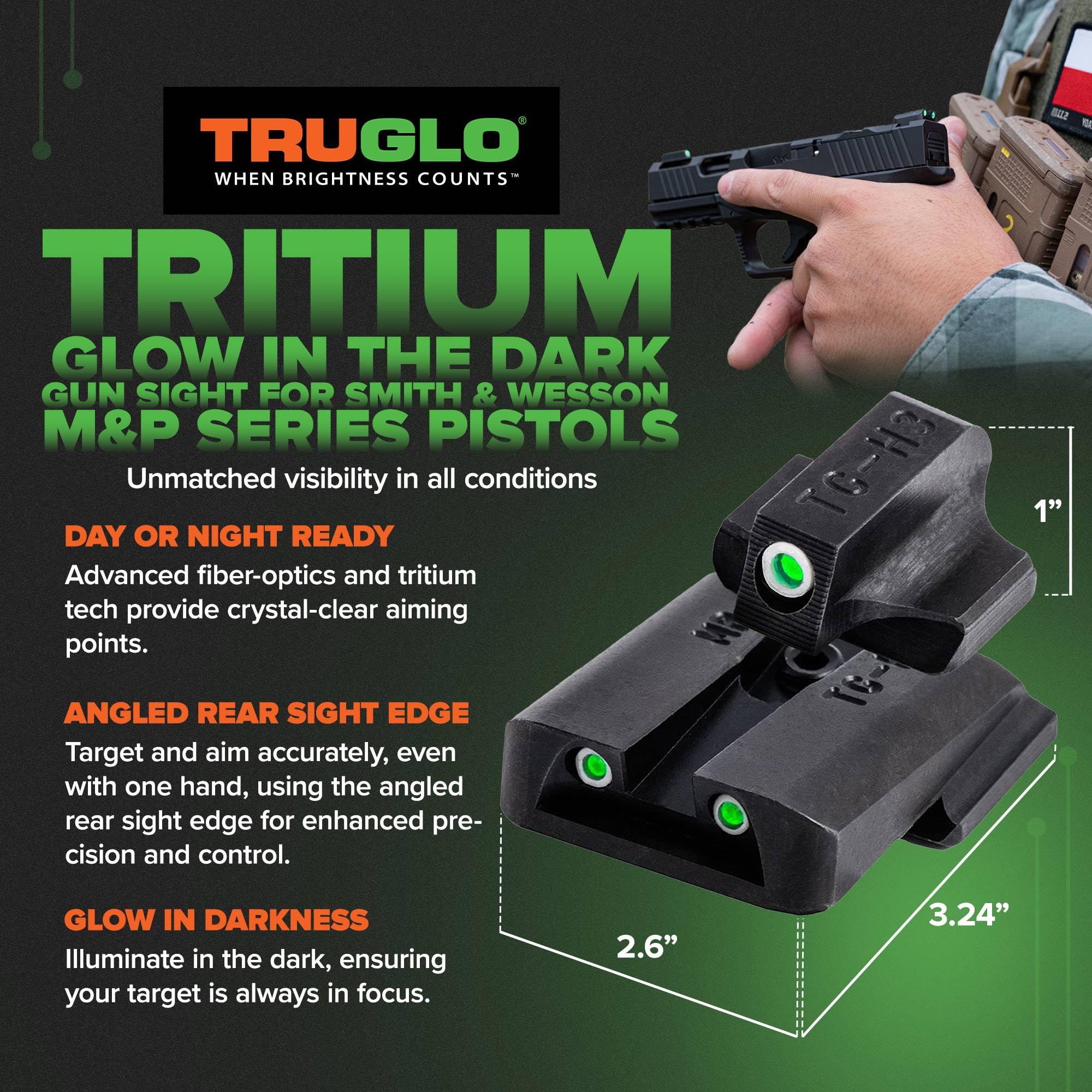 TruGlo Tritium Glow in the Dark Compact Pistol Optic with Transitioning Green and White Dot for Smith & Wesson M&P Series Pistols, Black