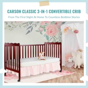 Dream On Me Carson Classic 3-In-1 Convertible Crib In Cherry, Made Of Sustainable Pinewood, Non-Toxic Finish, Comes With Locking Wheels, Wooden Nursery Furniture