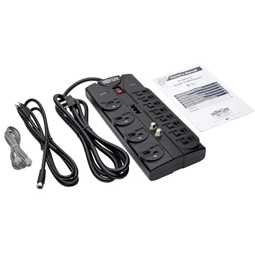 Tripp Lite TLP1208TELTV 12 Outlet Surge Protector Power Strip, 8ft Cord, Right-Angle Plug, Tel/Modem/Coax Protection, RJ11, & Dollar 150,000 Insurance Black