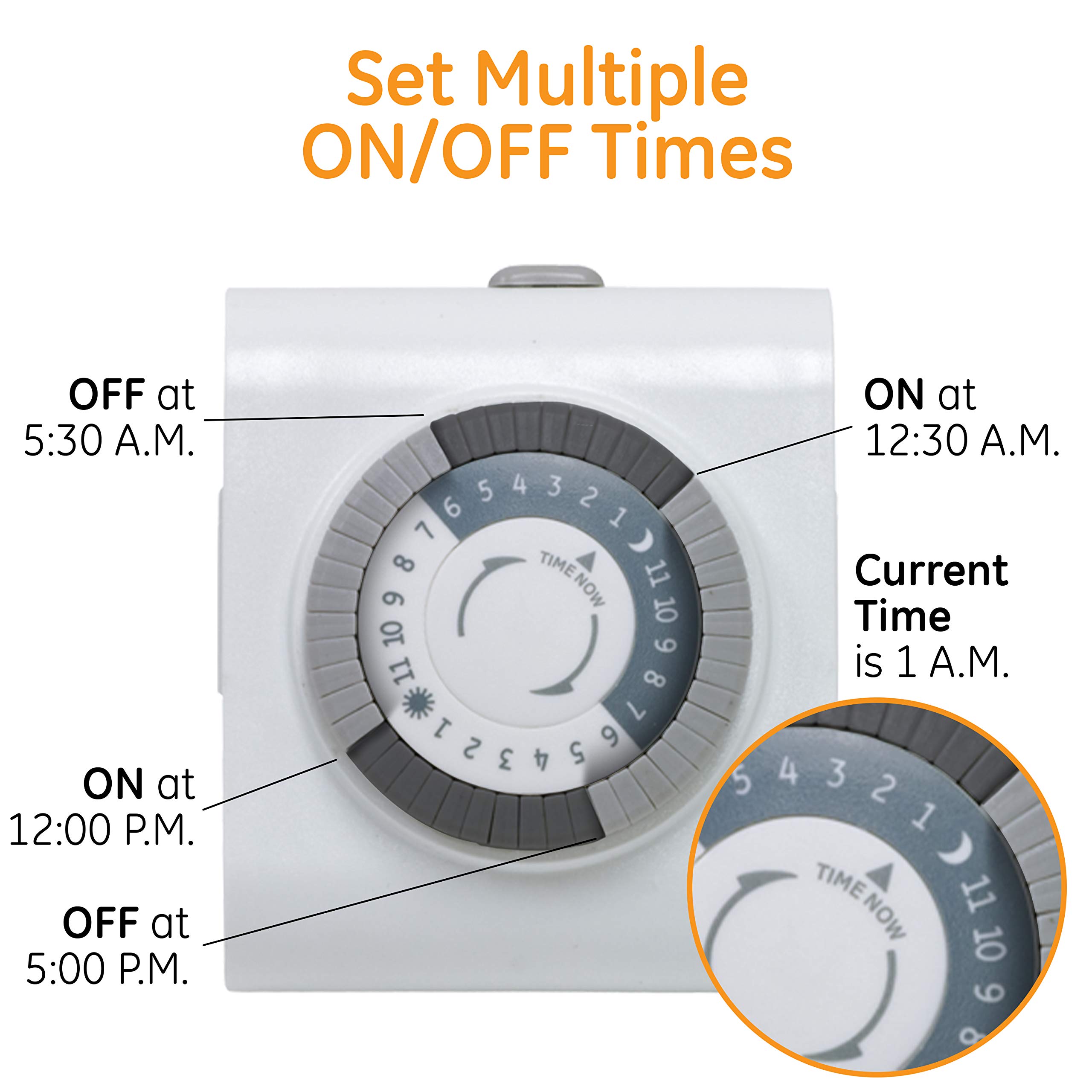 GE 24-Hour 2 Grounded Outlets Mechanical Outlet Timer, Timers for Electrical Outlets Indoor, Light Timers Indoor, Daily ON/OFF Cycle, Lamp and Christmas Light Timer, Indoor Light Timer, 15075