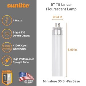 Sunlite 05040 F4T5/CW T5 Linear Fluorescent Lamp, 4 Watts, 135 Lumens, 4100K Cool White, Miniature G5 Bi-Pin Base, ROHS Compliant, High Performance Straight Tube, 10 Pack