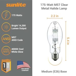 Sunlite 03655-SU MH175/U/MED M57 Metal Halide Lamp, 175 Watts, Probe Start, Medium Base (E26), ED17, 10,000 Hours Life, 14000 Lumen, Clear Finish, 4000K