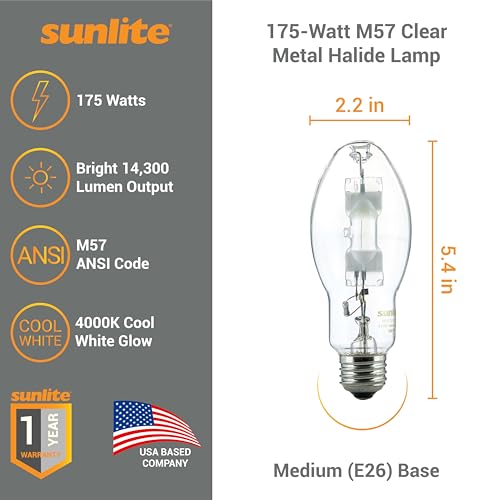 Sunlite 03655-SU MH175/U/MED M57 Metal Halide Lamp, 175 Watts, Probe Start, Medium Base (E26), ED17, 10,000 Hours Life, 14000 Lumen, Clear Finish, 4000K