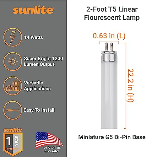 Sunlite 30314 F14T5/865 2 Foot T5 Linear Fluorescent Lamp, 14 Watts, 1200 Lumens, 6500K Daylight, Miniature G5 Bi-Pin Base, ROHS Compliant, High Performance Straight Tube, 40 Pack