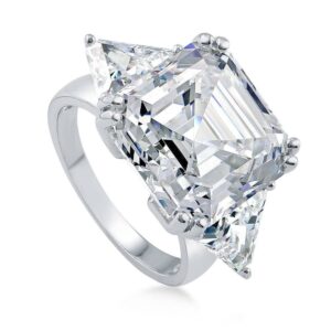 BERRICLE Sterling Silver 3-Stone Wedding Engagement Rings Asscher Cut Cubic Zirconia CZ Statement Cocktail Anniversary Ring for Women, Rhodium Plated Size 7