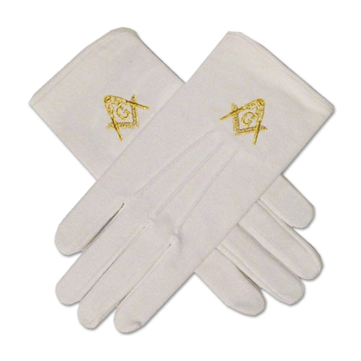 Gold Square & Compass Masonic Embroidered Cotton Gloves - [White]