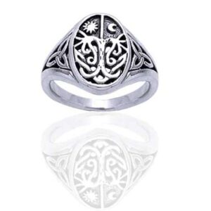 Celtic Trinity Knot Tree of Life with Sun and Moon Sterling Silver Ring Size 3(Sizes 3,4,5,6,7,8,9,10,11,12,13,14,15,16)