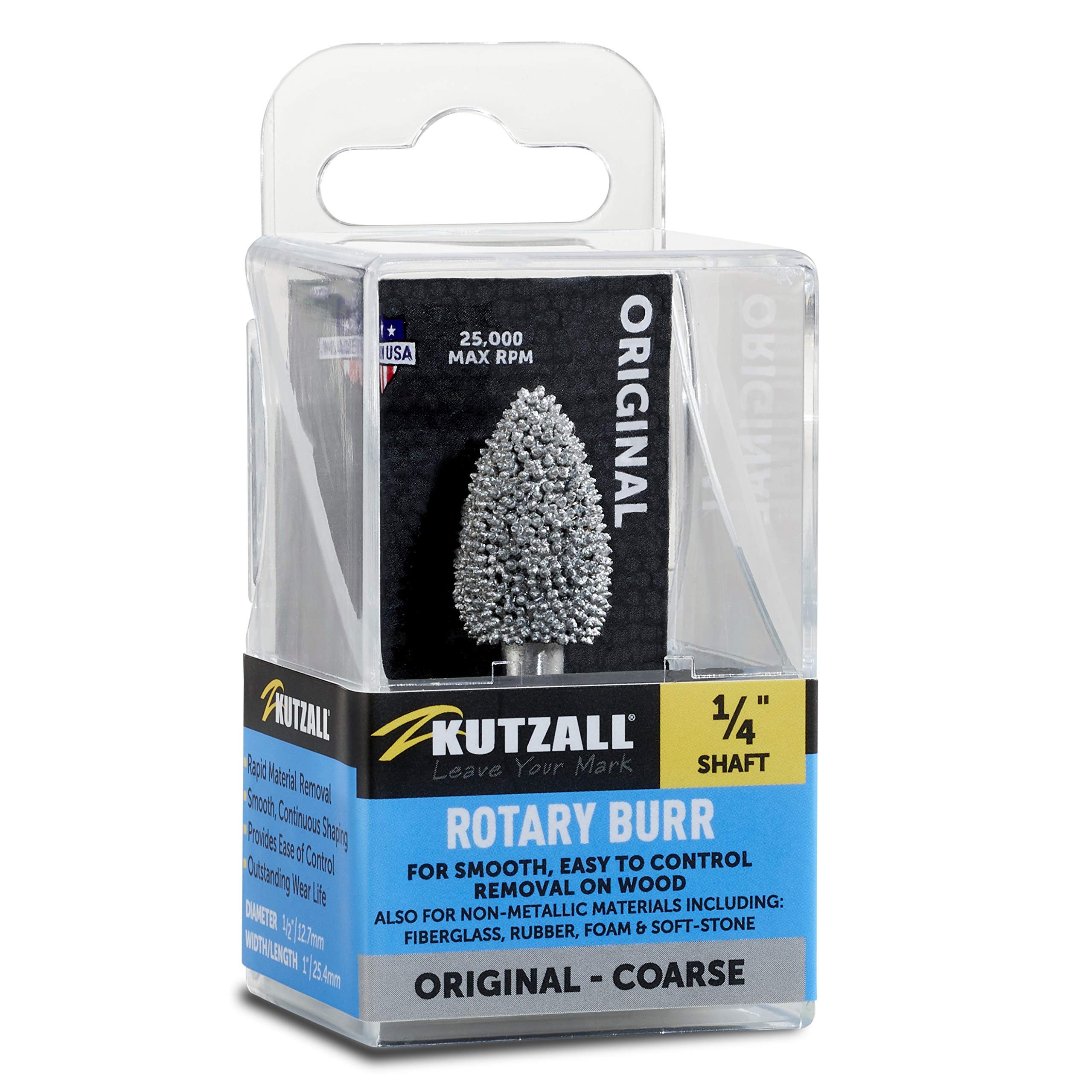 Kutzall Original Flame Rotary Burr, 1⁄4" Shaft, Coarse - Woodworking Attachment for Bosch, DeWalt, Milwaukee, Makita. Abrasive Tungsten Carbide, 1⁄2" (12.7mm) Dia. x 1" (25.4mm) Length, FL-12