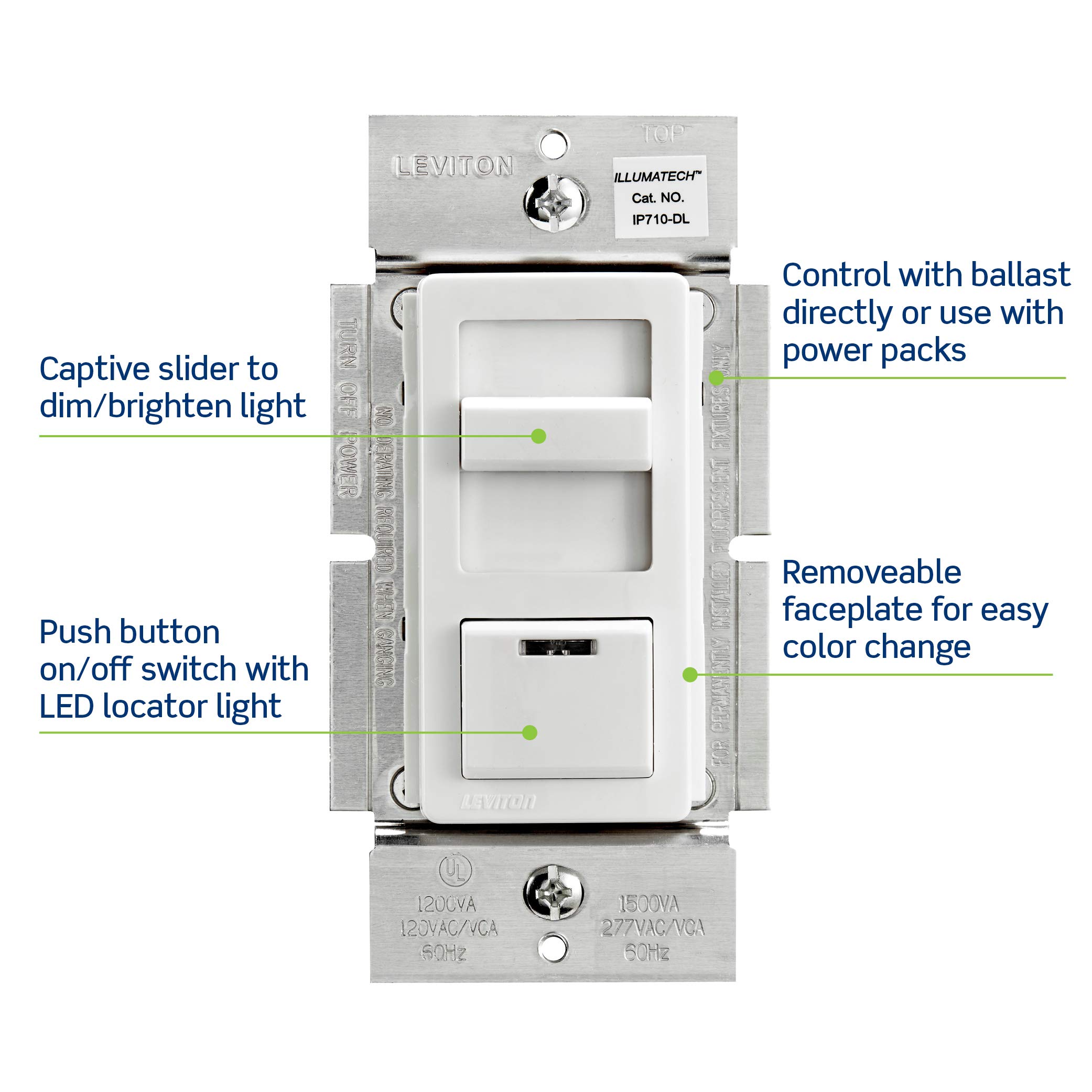 Leviton IllumaTech Dimmer Switch for 0-10V LED, Mark 7 Florescent Ballasts, IP710-DLZ, White, Image