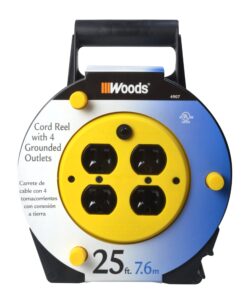 woods 4907 extension cord reel with 4-outlets 16/3 sjtw and 12a circuit breaker; 25-foot