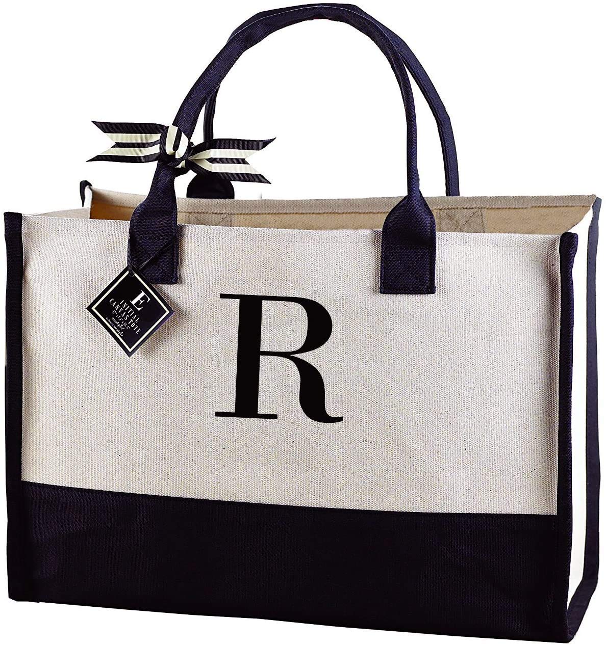 Mud Pie Classic Black and White Initial Canvas Tote Bags (R), 100% Cotton, 17" x 19" x 2"