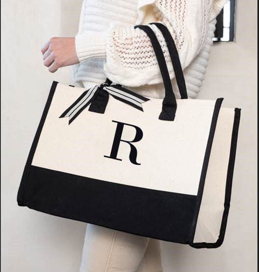 Mud Pie Classic Black and White Initial Canvas Tote Bags (R), 100% Cotton, 17" x 19" x 2"