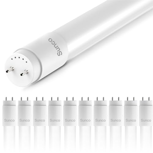 Sunco 10 Pack T8 LED Tubes 4FT Fluorescent Replacement, 48 Inch, 18W, 2200LM, 6000K Daylight Deluxe, Single Ended Power, Type B, Ballast Bypass, Frosted Lens UL