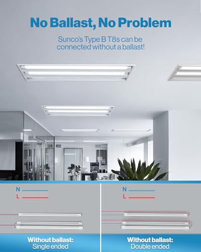 Sunco 10 Pack T8 LED Tubes 4FT Fluorescent Replacement, 48 Inch, 18W, 2200LM, 6000K Daylight Deluxe, Single Ended Power, Type B, Ballast Bypass, Frosted Lens UL