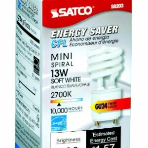 Satco S8203 13 Watt (60 Watt) 800 Lumens Mini Spiral CFL Soft White 2700K GU24 Base Light Bulb,2700K Soft White