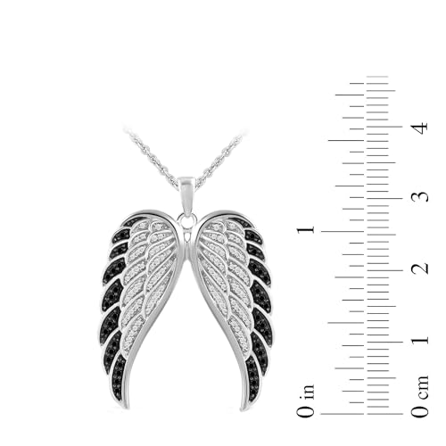 Amazon Essentials Sterling Silver Black and White Diamond Angel Wings Pendant Necklace (1/2 cttw), 18" (previously Amazon Collection)