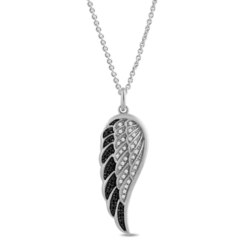 Amazon Essentials Sterling Silver Black and White Diamond Angel Wing Pendant Necklace (1/5 cttw), 18", (previously Amazon Collection)