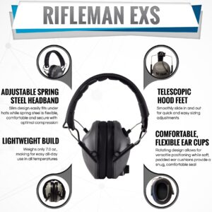 BenchMaster Rifleman EXS Electronic Hearing Protection for Shooting and Construction- Adjustable Folding Low Profile Design - NRR 20 - Ear Muffs