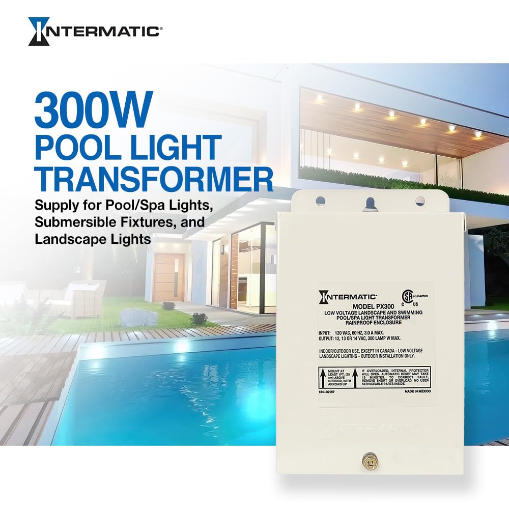 Intermatic PX300 300W Pool Light Transformer 12V, 13V, 14V - Supply for Pool/Spa Lights, Submersible Fixtures, and Landscape Lights - Enhanced Safety with Circuit Protection, Beige Stainless Steel