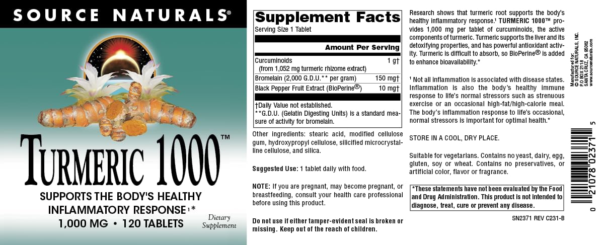 Source Naturals Turmeric 1000, Supports The Body’s Healthy Inflammatory Response*, 1,000mg - 120 Tablets